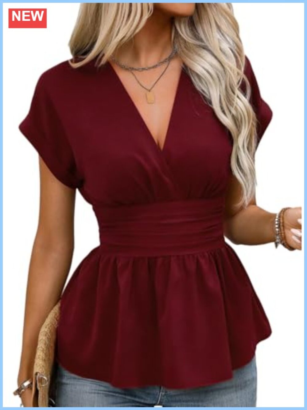 Womens V Neck Cap Sleeve Peplum Wrap Blouse Cinched Waist Business Casual Top